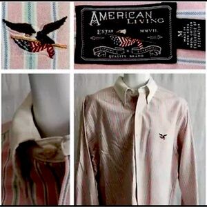 Ralph Lauren American Living Men M Pink Stripe Contrast Collar Oxford Logo Shirt